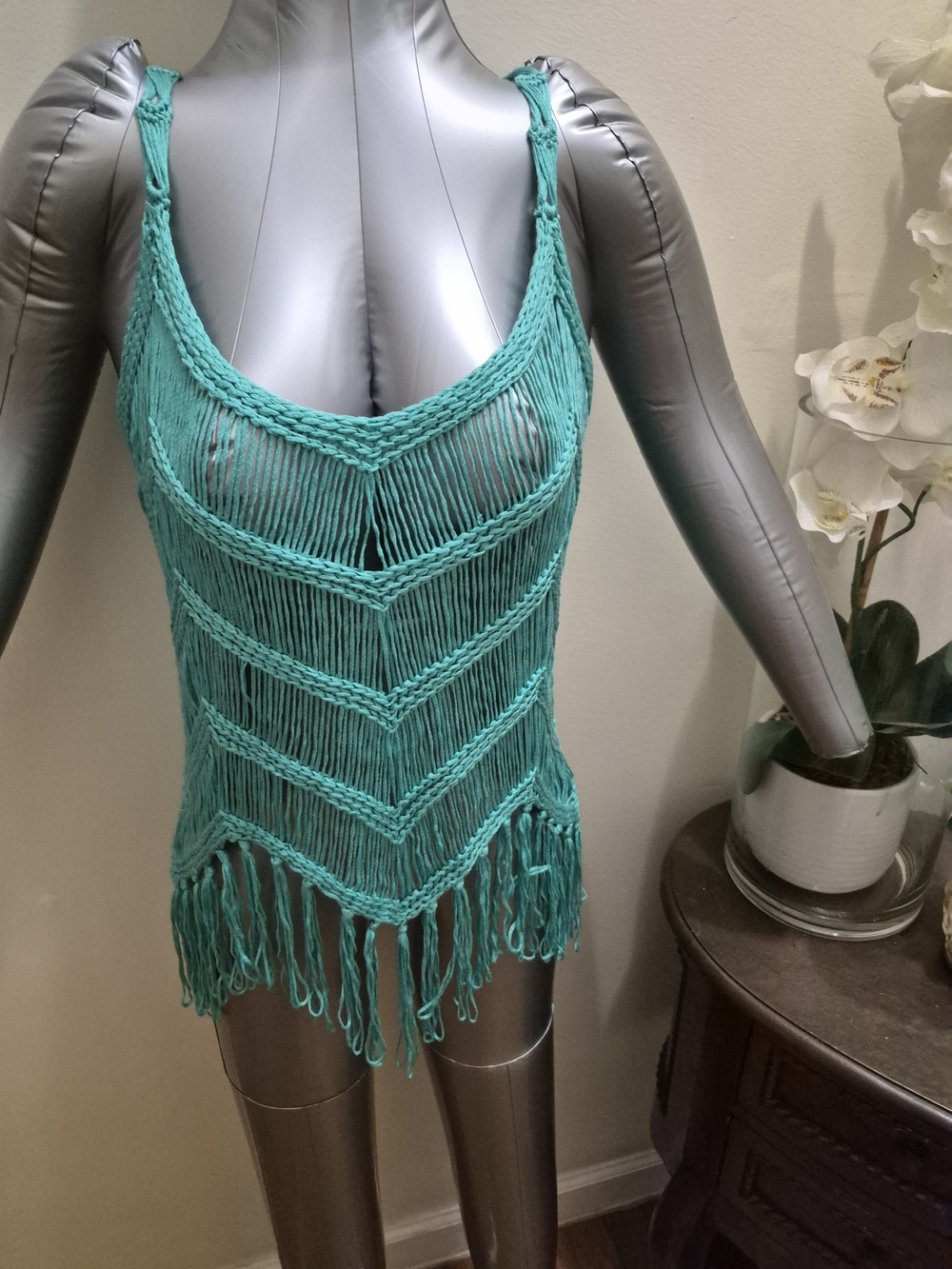 Turquoise Crochet Fringe Tank Top - Women